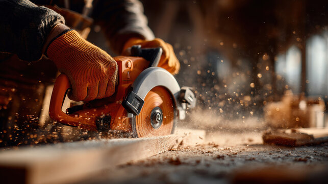 Skilled carpenter using a circular saw to cut wood in a workshop during daylight hours