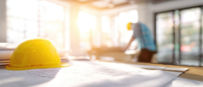 The yellow hard hat on architectural blueprints with blurred construction worker in background