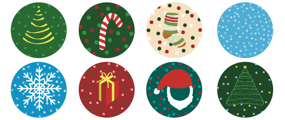 Set of isolated Christmas and New Year label in cute doodle style on transparent background. Volume 8 : red,blue, green tone colors.