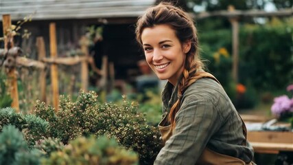 Sunshine and green thumbs bring life to the garden as a smiling woman cultivates vibrant herbs and flowers in a peaceful outdoor setting