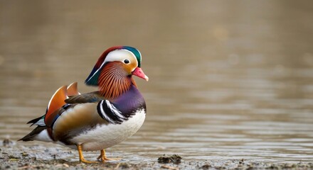 Colorful duck by water