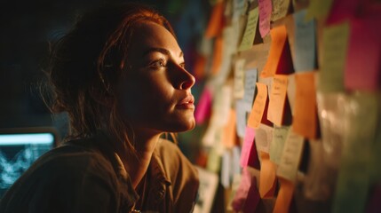  Contemplative Pursuit: A thoughtful woman deep in concentration, illuminated by a soft, natural light, examining a wall adorned with notes, encapsulating the essence of research, innovation.