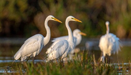 Fototapeta premium Egrets wading in shallows, golden light