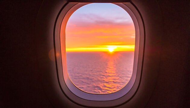 Airplane window view of a vibrant sunset over clouds and water - Powered by Adobe