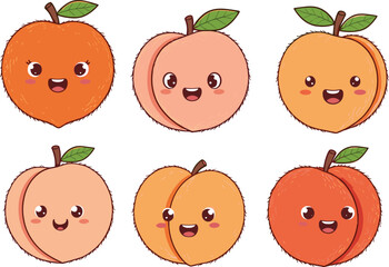Cute cartoon peach fruit characters, adorable smiling peach illustrations, funny kawaii fruit mascots, happy fresh peach clipart for kids design