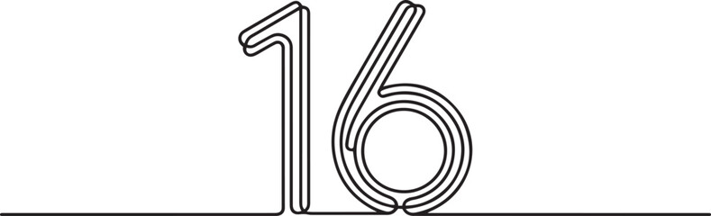 Minimalist continuous one line drawing of number 16, modern black and white vector illustration isolated on white background