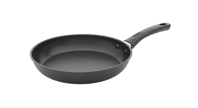 An essential piece of kitchen cookware, this empty black non-stick frying pan is perfectly isolated on a clean white background for culinary concepts