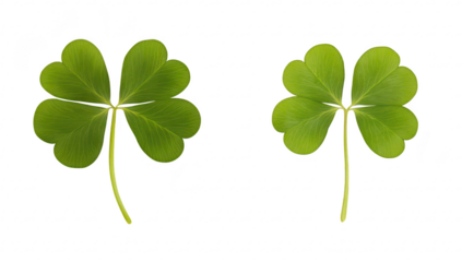 Two four-leaf clovers displayed against a clean white background. symbolizing luck and prosperity. ideal for nature-themed designs or wellness-related content