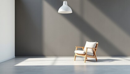 Modern Minimalist Interior Featuring an Armchair Bathed in Sunlight Near a Gray Wall