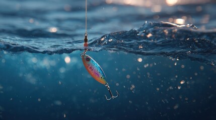 Fototapeta premium Lure in the depths: Captivating the vibrant underwater world with an alluring fishing lure suspended delicately, hinting at the anticipation and challenge of the next catch.