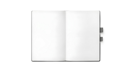 Blank open notebook with empty pages for copy space, a minimalist object with no shadow, isolated on a clean white background