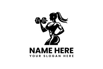 Powerful Female Fitness Logo with Dumbbell.