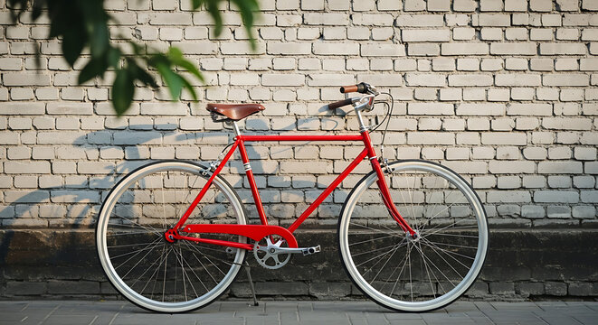 Red bicycle vintage style against brick wall outdoor urban scene for cycling and transportation needs - Powered by Adobe