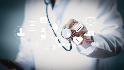 Modern healthcare technology concept with doctor using stethoscope and digital medical icons for innovation, diagnosis, telemedicine, and hospital solutions.