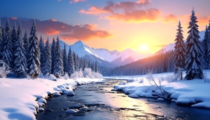 Winter sunrise over snowy mountains
