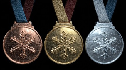 Gold, silver, and bronze Winter Olympic medals with a snowflake in the middle. Concept for the 2026 Winter Olympic Games in Italy.
