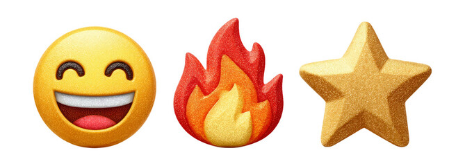 Smiling Emoji, Flame Icon, Gold Star Shape on Transparent Background for Art Design