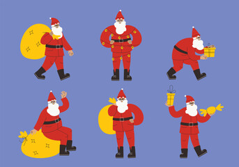 Different Santa Claus poses. Christmas character in linear flat style.