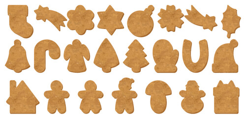 Set of vector silhouettes of Christmas cookies. Gingerbread man, tree, star, snowman, holiday biscuit shapes, festive baking cutters, Xmas decorations
