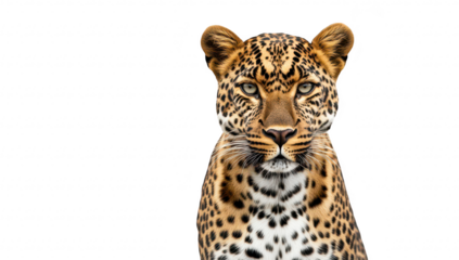 A majestic leopard gazes directly at the viewer. its strikingly beautiful fur patterns and piercing eyes. set against a pure white background. ideal for wildlife photography