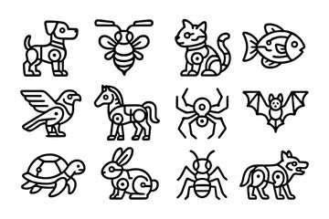Animal collection: minimalist black and white line art icons of various creatures