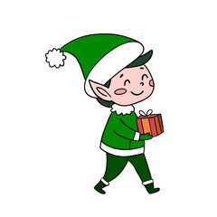 Cute Christmas elf in festive outfit with holiday decorations. Cheerful and cozy New Year character full of holiday spirit