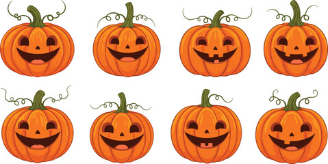 Funny cartoon Halloween pumpkins with smiling faces, cute jack o lantern set, happy spooky pumpkin illustration for holiday decoration clipart