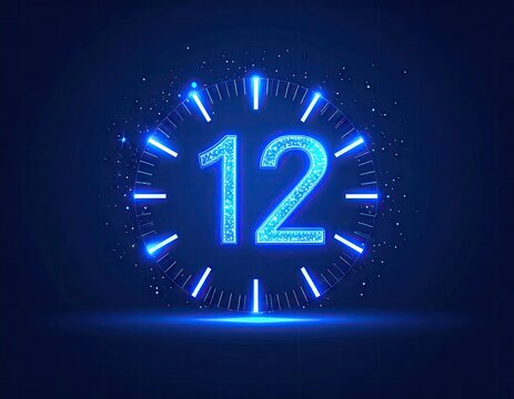 A glowing, digital clock face displays the number twelve in vibrant blue light, against a dark background.