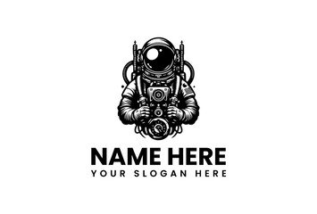 Retro Style Astronaut Logo Design Holding Camera.