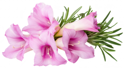 A bouquet of pink gladiolus flowers elegantly arranged with fresh green rosemary. their delicate petals and natural beauty. perfect for floral arrangements and decoration