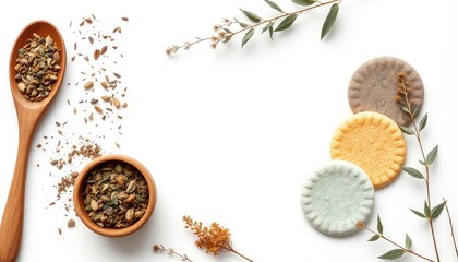 Botanical wellness still life showing seeds, spoon, small bowl, and soft round objects on a bright white surface