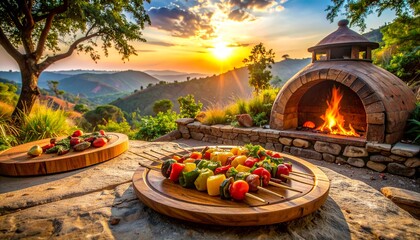 Rustic outdoor setup with tandoori grill, vibrant vegetable skewers, clay oven, wooden platter, natural stone surface, sharp