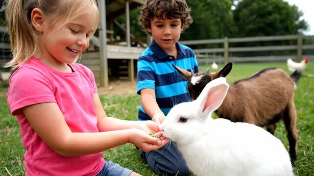 Children feeding animals at a petting zoo