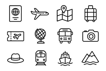 Travel icons collection featuring passport, plane, map, suitcase, ticket, globe, and transportation in outline style