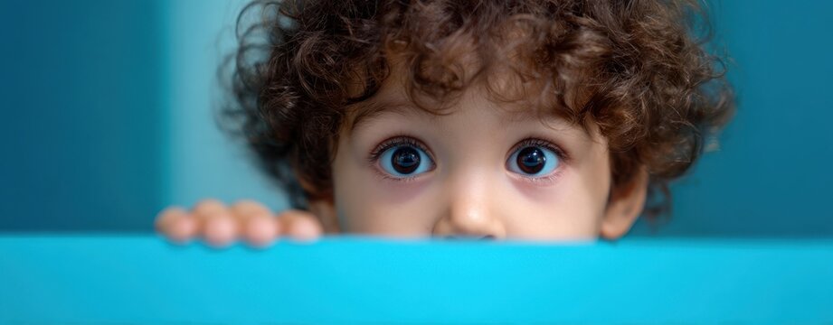 The Child Peeking Over Turquoise Surface With Wide Curious Eyes In Studio