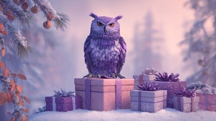 Whimsical owl perched on festive gifts in a snowy winter wonderland