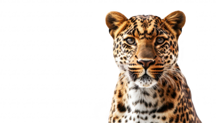 A close-up portrait of a majestic leopard with striking fur patterns and intense gaze against a clean white background. suitable for wildlife education and conservation themes
