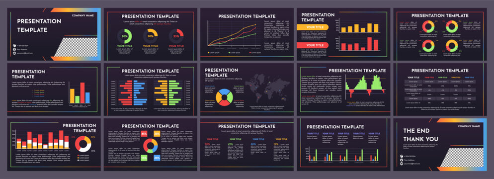 Statistical infographics presentation slides. Business data analysis charts, pie graphs, bar diagrams, line graphs and world map visualization, statistic layouts dark mode vector template set