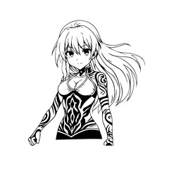 Black and white hot anime character line art illustration, stylish minimal outline drawing in clean style
