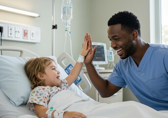 Joyful young patient in hospital bed shares a celebratory high five with a smiling male nurse in blue scrubs fostering a positive connection