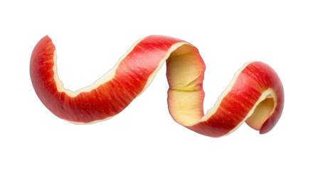 Spiraling Red Apple Peel on White Background.