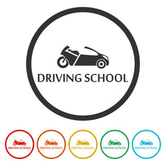 Driving school logo. Set icons in color circle buttons