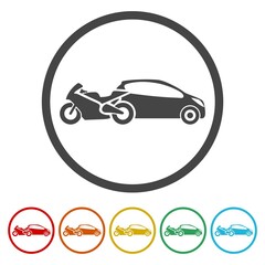 Car and motorcycle icon . Set icons in color circle buttons