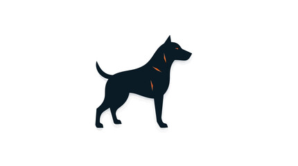 A stylized, dark blue dog stands in profile, with orange accents on its neck and shoulder against a white background.