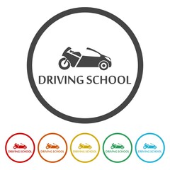 Driving school logo. Set icons in color circle buttons
