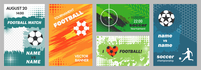 Grunge halftone soccer banners. Football tournament poster with dynamic textures of mixed halftone dots and paint brush strokes effects. Sport events templates vector set © WinWin