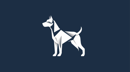 A stylized white origami dog stands against a dark blue background, showcasing geometric shapes.