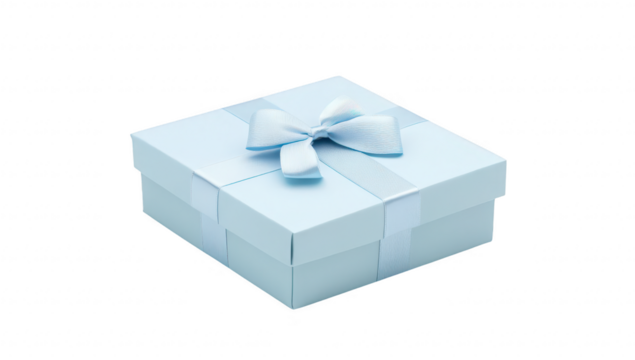 A beautifully wrapped light blue gift box with a delicate ribbon. placed on a clean white surface. ideal for celebrations. birthdays. or special occasions. evoking a sense of joy and anticipation