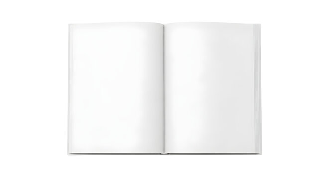 Blank open book or magazine spread with clean pages, isolated on a white background for use as a template or mockup with copy space