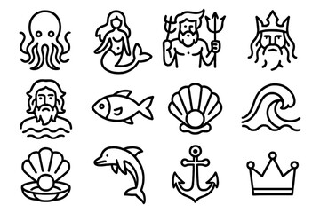 Fototapeta premium Nautical line art icons featuring sea creatures and mythology elements